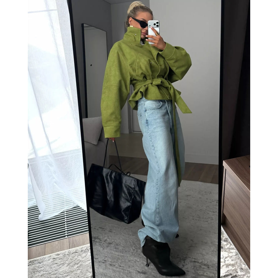 Tie Waist Long Sleeve Cropped Jacket Apparel and Accessories
