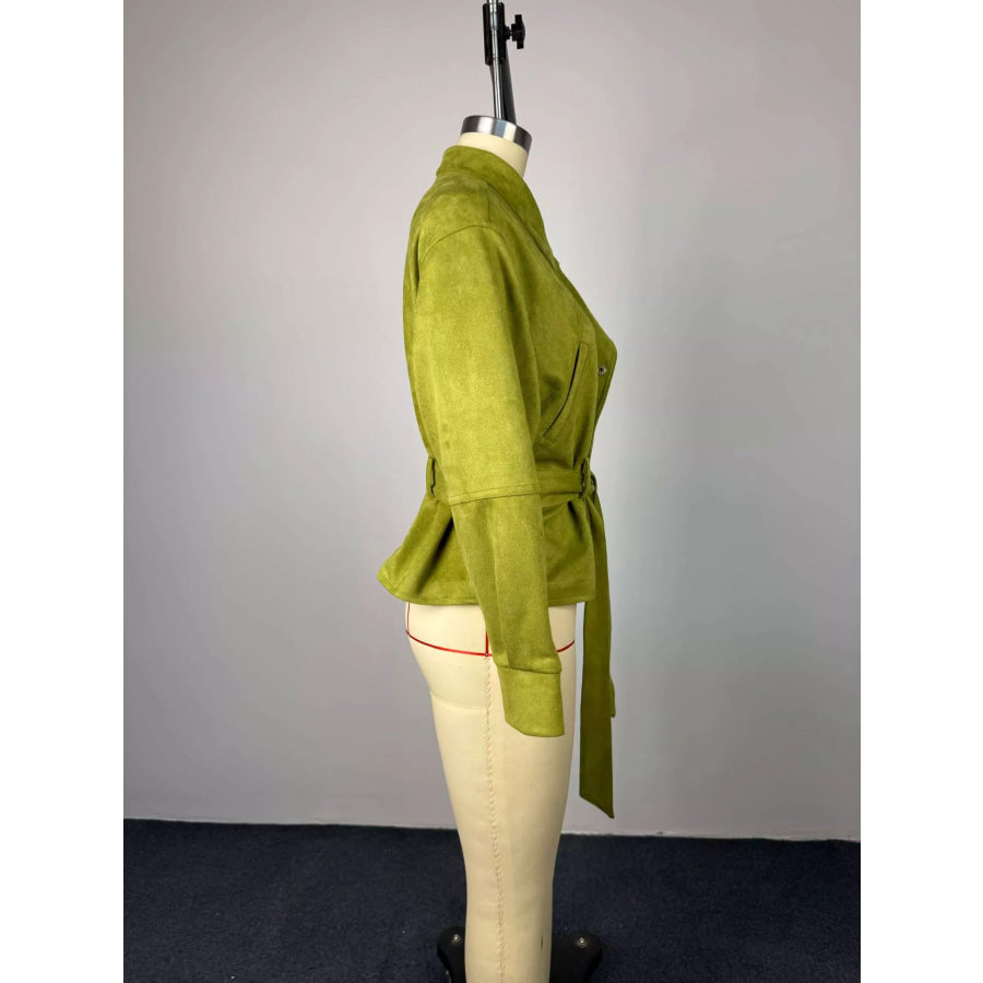 Tie Waist Long Sleeve Cropped Jacket Apparel and Accessories