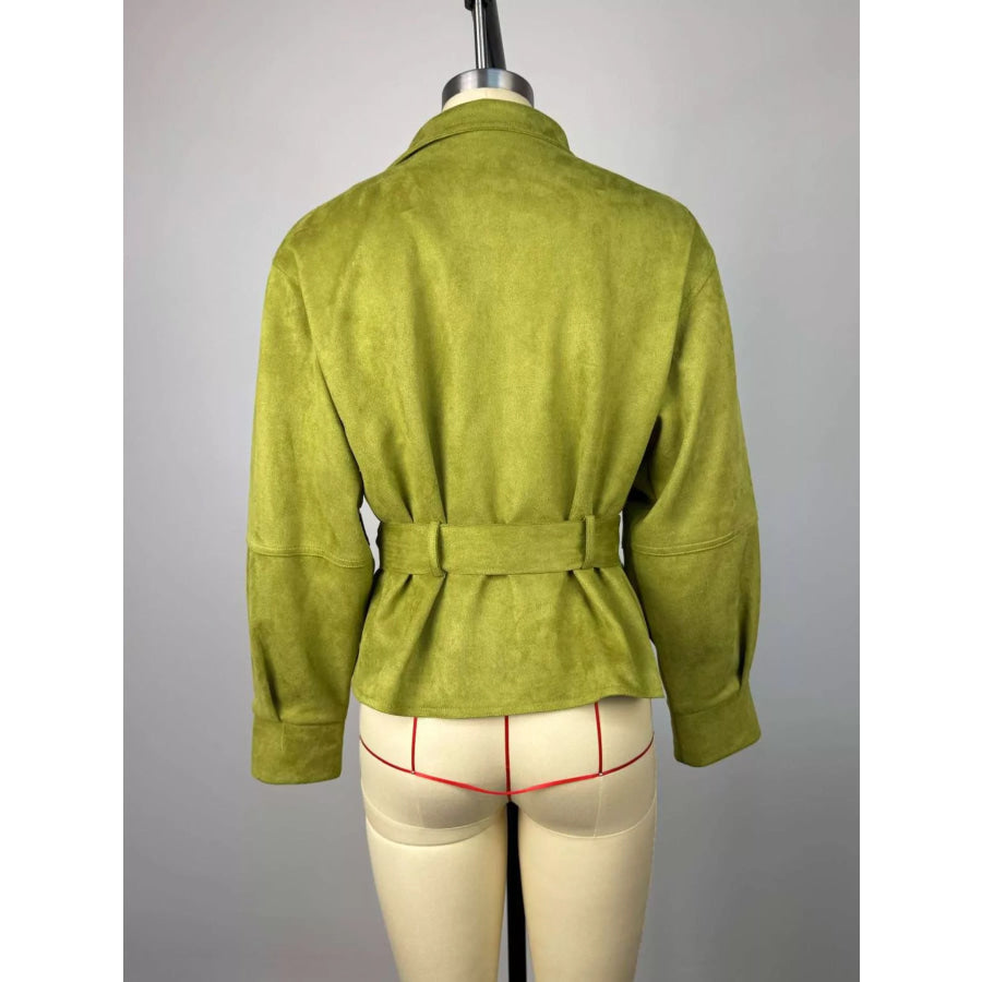 Tie Waist Long Sleeve Cropped Jacket Apparel and Accessories