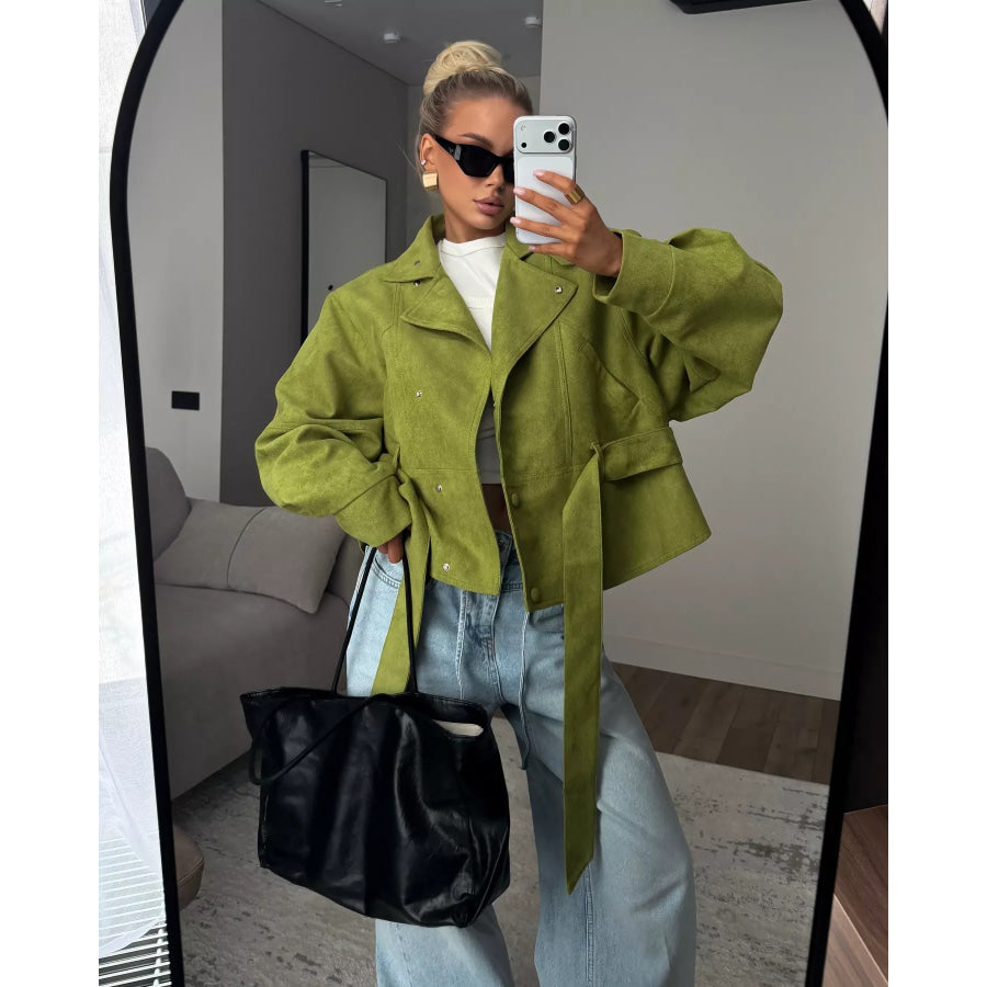 Tie Waist Long Sleeve Cropped Jacket Apparel and Accessories