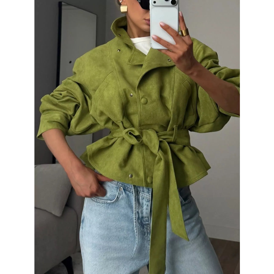 Tie Waist Long Sleeve Cropped Jacket Apparel and Accessories