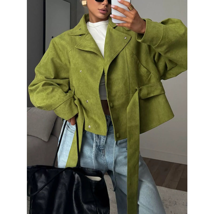 Tie Waist Long Sleeve Cropped Jacket Apparel and Accessories