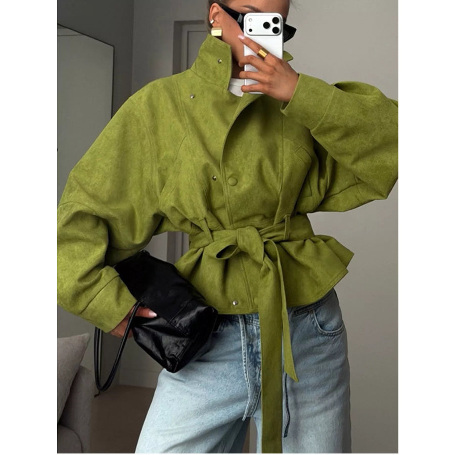 Tie Waist Long Sleeve Cropped Jacket Apparel and Accessories