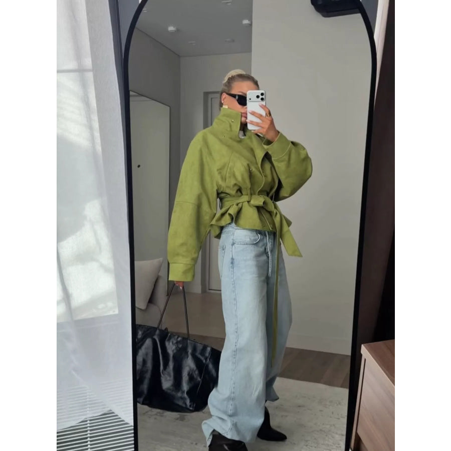 Tie Waist Long Sleeve Cropped Jacket Apparel and Accessories