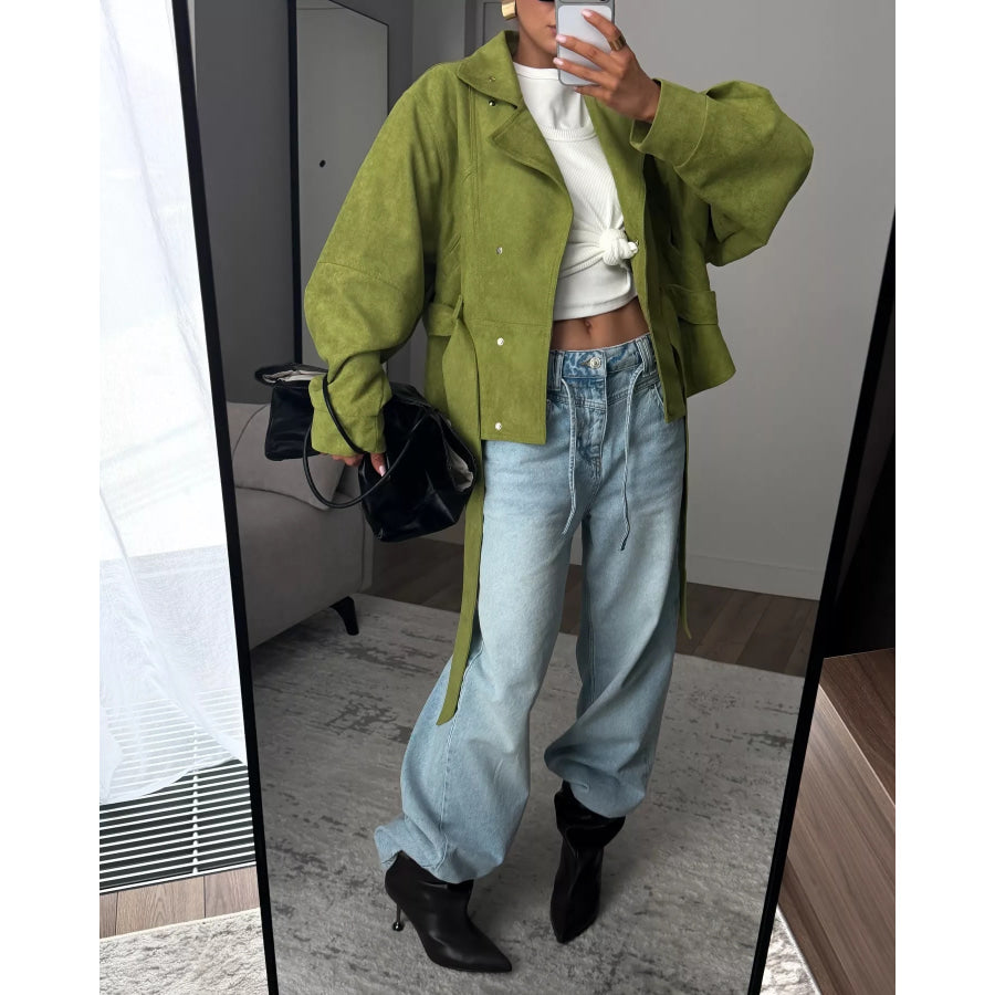 Tie Waist Long Sleeve Cropped Jacket Apparel and Accessories