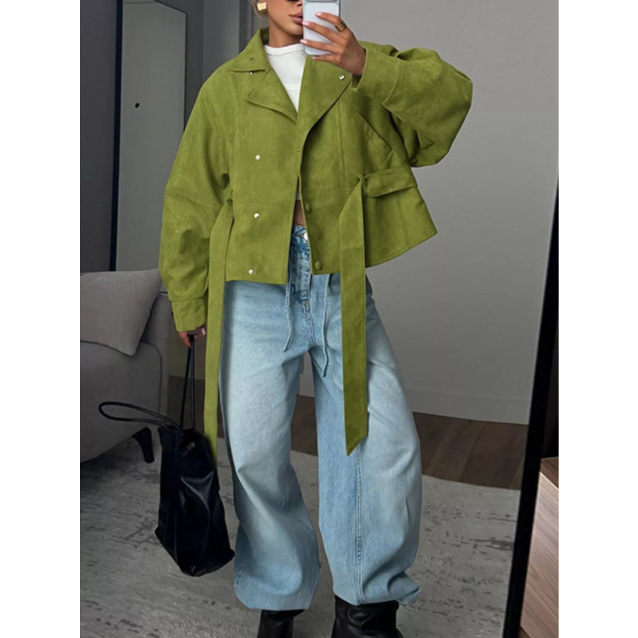 Tie Waist Long Sleeve Cropped Jacket Matcha Green / S Apparel and Accessories