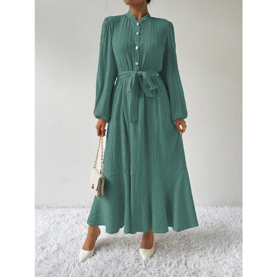 Tie Waist Long Sleeve Dress Air Force Blue / S Apparel and Accessories