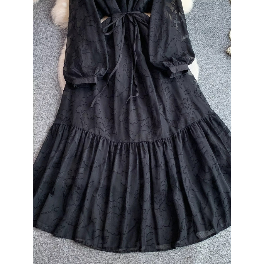 Tie Waist Long Sleeve Dress Black / One Size Apparel and Accessories