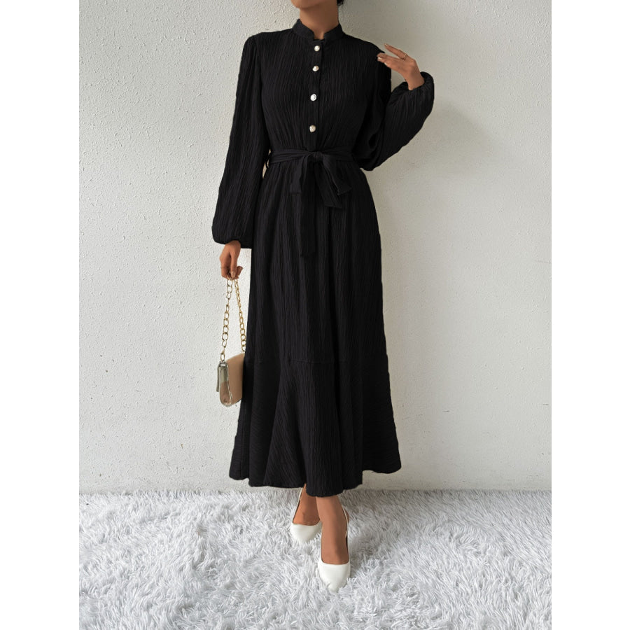 Tie Waist Long Sleeve Dress Black / S Apparel and Accessories