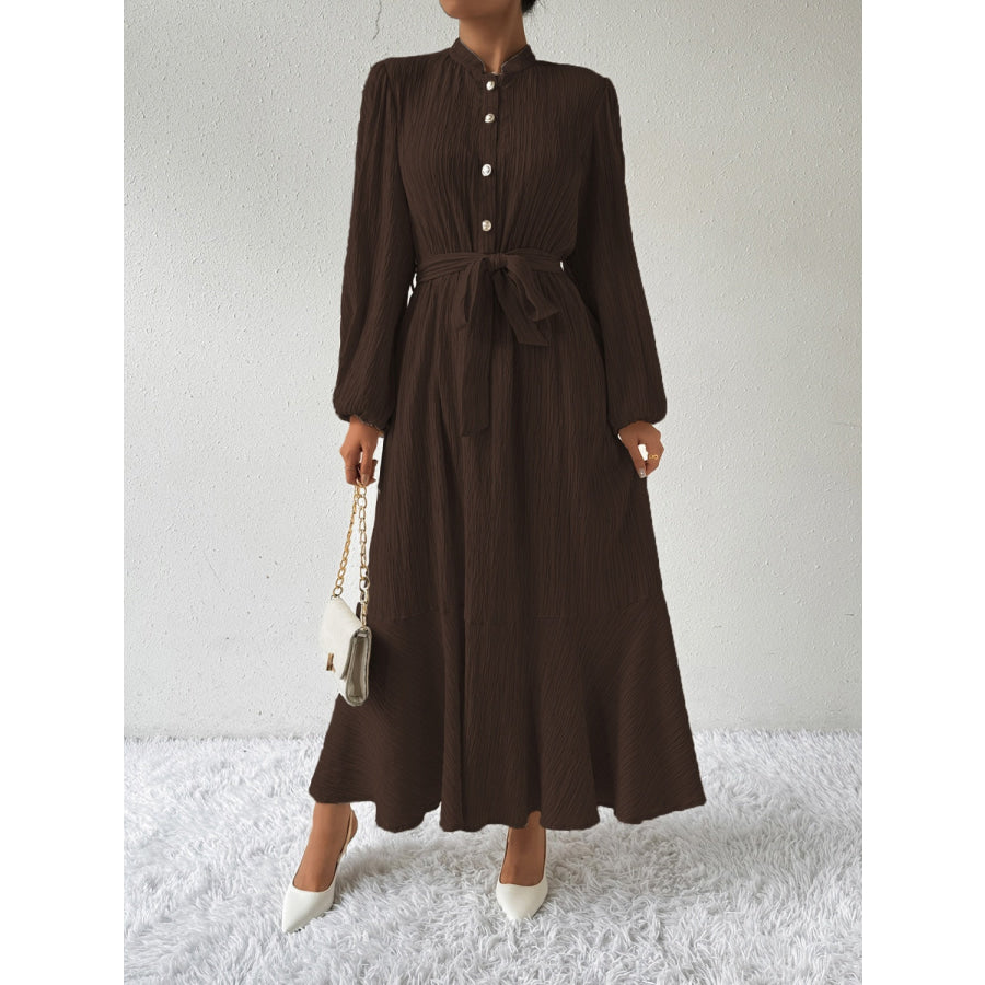 Tie Waist Long Sleeve Dress Chocolate / S Apparel and Accessories