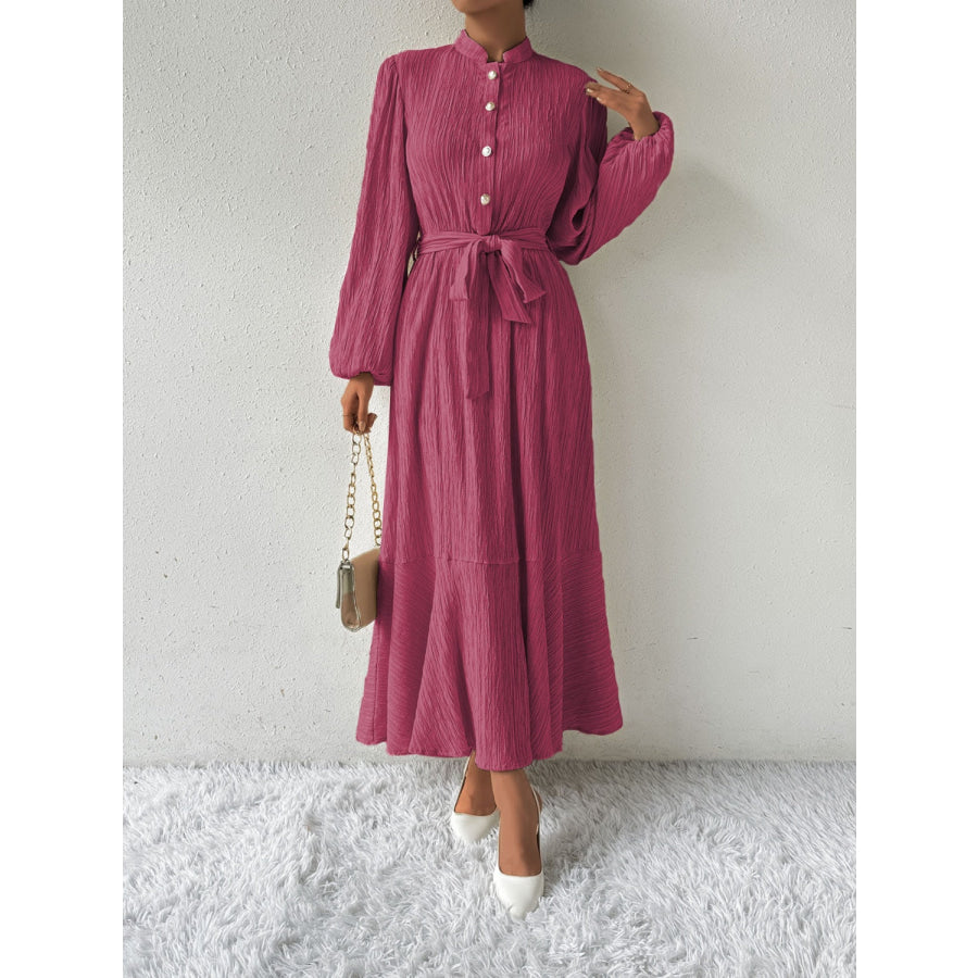 Tie Waist Long Sleeve Dress Deep Rose / S Apparel and Accessories