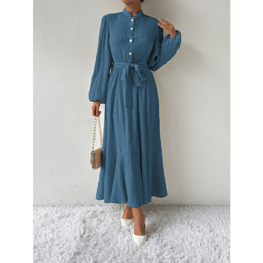 Tie Waist Long Sleeve Dress Deep Teal / S Apparel and Accessories