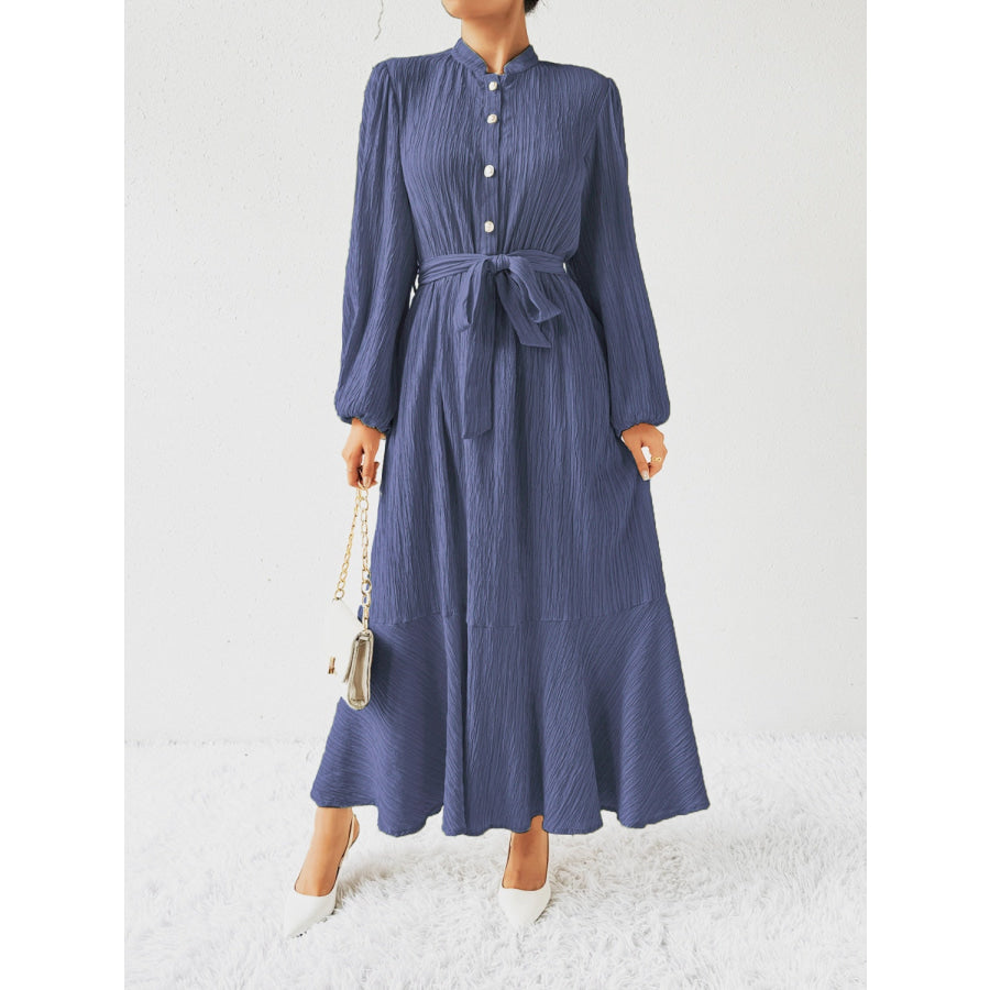 Tie Waist Long Sleeve Dress Dusty Blue / S Apparel and Accessories