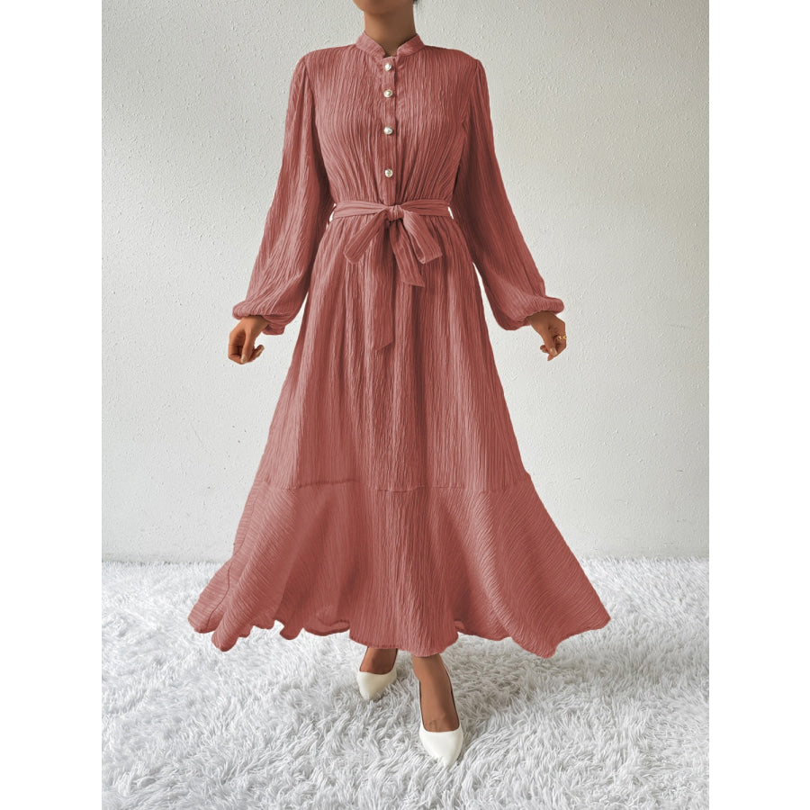 Tie Waist Long Sleeve Dress Dusty Pink / S Apparel and Accessories