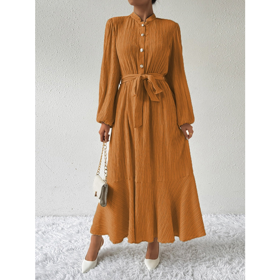 Tie Waist Long Sleeve Dress Ochre / S Apparel and Accessories