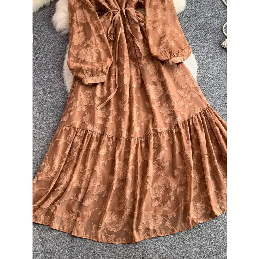 Tie Waist Long Sleeve Dress Tan / One Size Apparel and Accessories