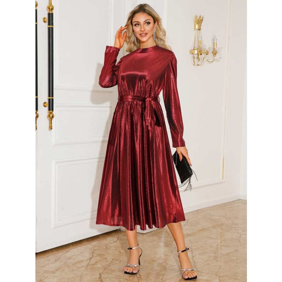 Tie Waist Long Sleeve Midi Dress Apparel and Accessories