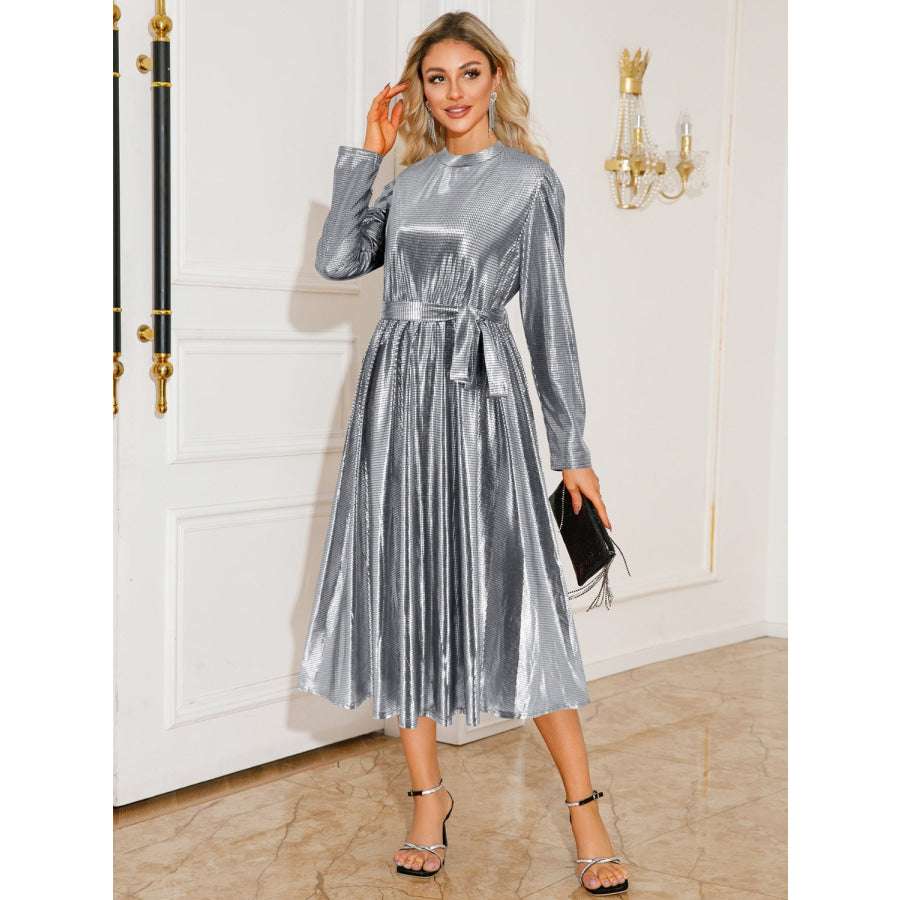 Tie Waist Long Sleeve Midi Dress Apparel and Accessories