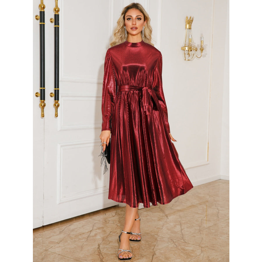 Tie Waist Long Sleeve Midi Dress Burgundy / S Apparel and Accessories