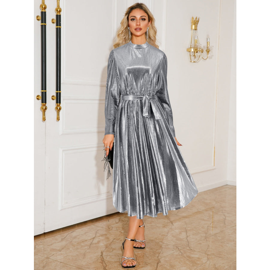 Tie Waist Long Sleeve Midi Dress Silver / S Apparel and Accessories