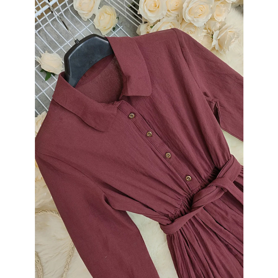 Tie Waist Long Sleeve Ruffled Hem Dress Apparel and Accessories