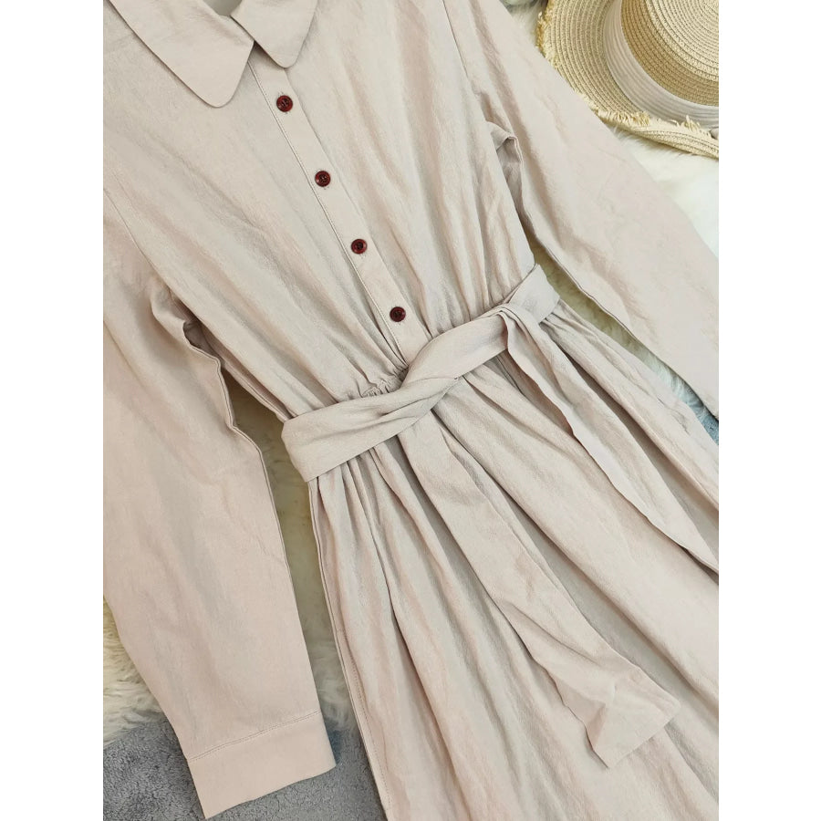 Tie Waist Long Sleeve Ruffled Hem Dress Apparel and Accessories