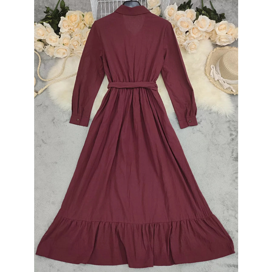 Tie Waist Long Sleeve Ruffled Hem Dress Apparel and Accessories