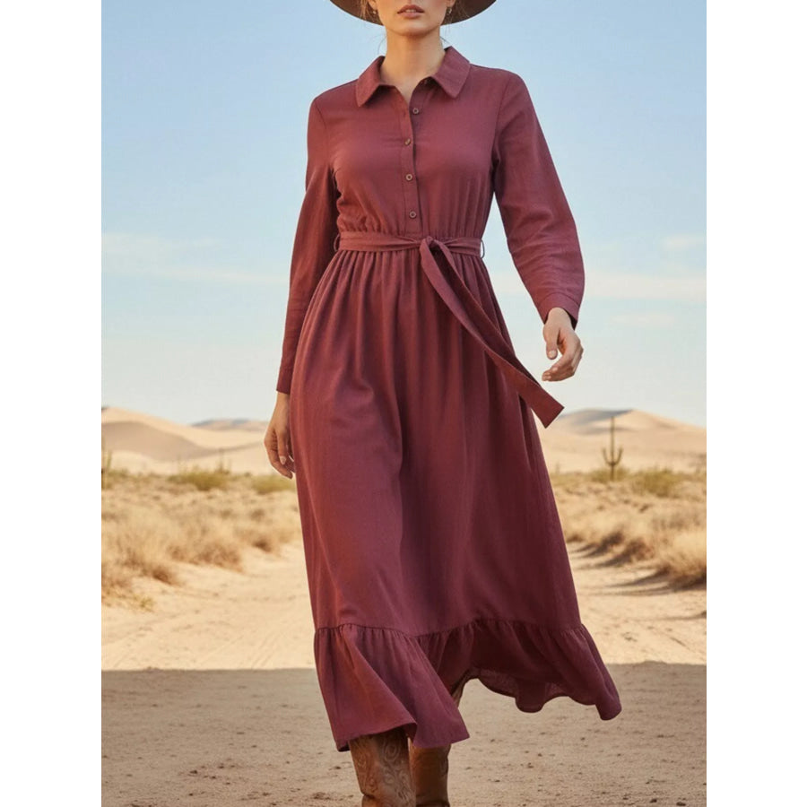 Tie Waist Long Sleeve Ruffled Hem Dress Apparel and Accessories