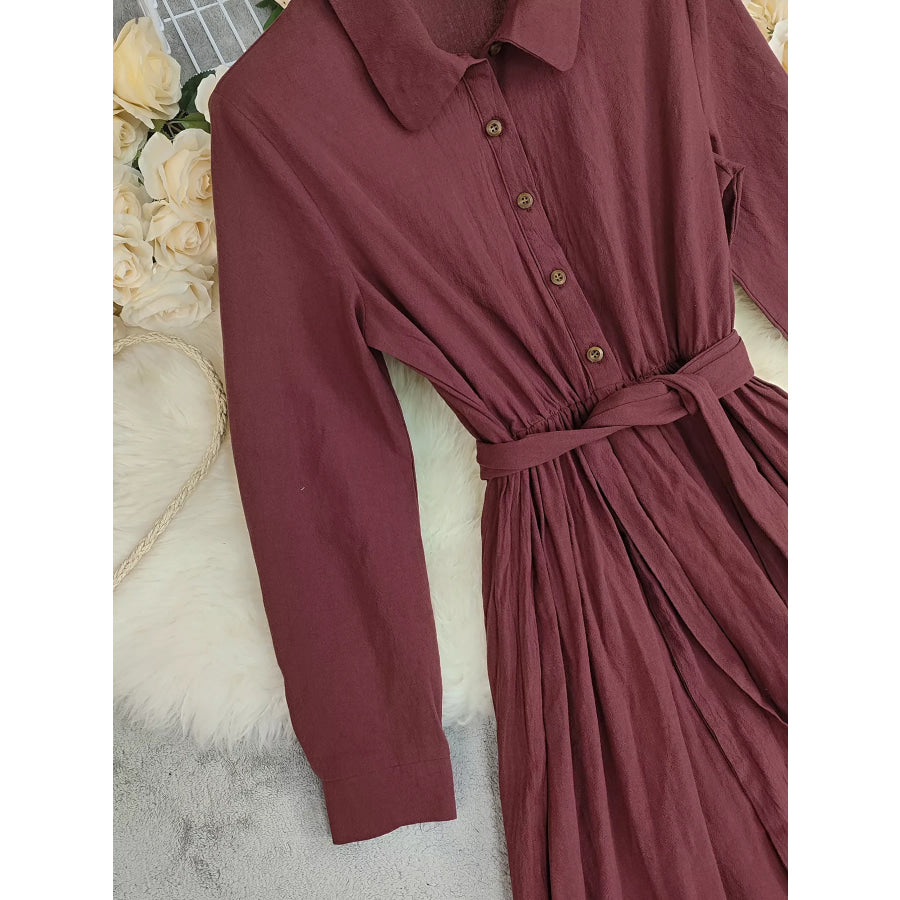 Tie Waist Long Sleeve Ruffled Hem Dress Apparel and Accessories