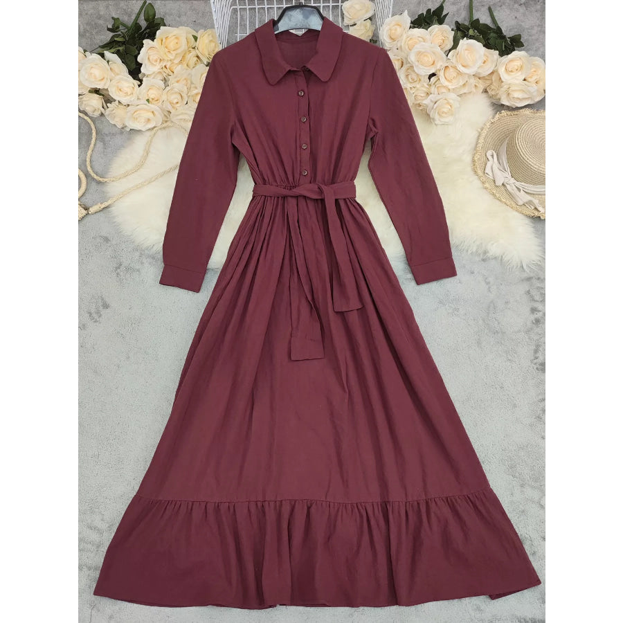 Tie Waist Long Sleeve Ruffled Hem Dress Apparel and Accessories