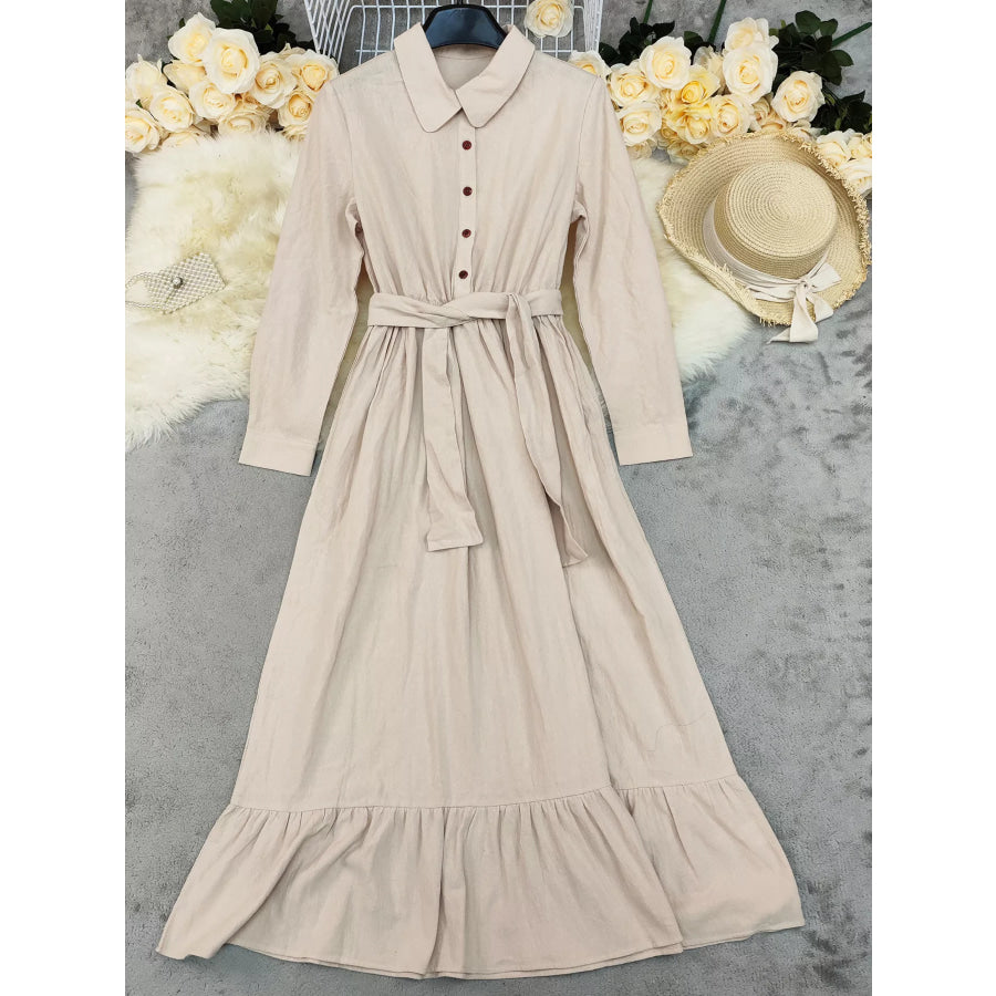 Tie Waist Long Sleeve Ruffled Hem Dress Apparel and Accessories