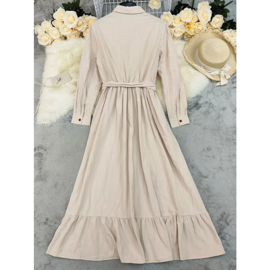 Tie Waist Long Sleeve Ruffled Hem Dress Apparel and Accessories