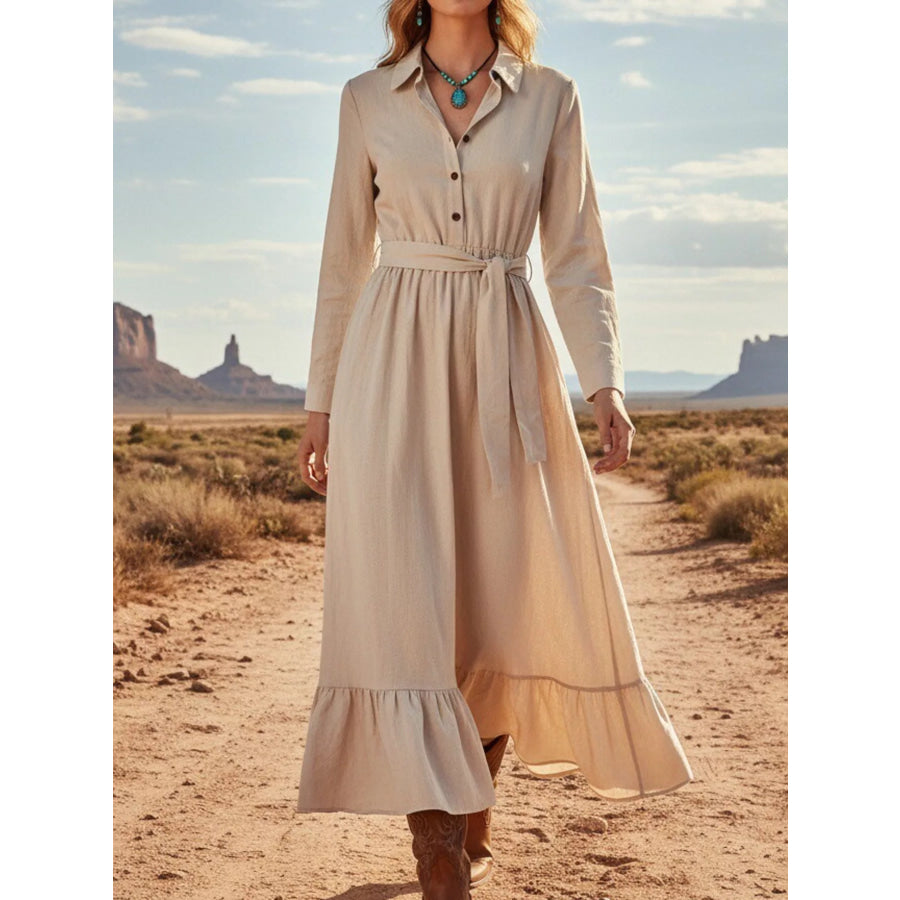 Tie Waist Long Sleeve Ruffled Hem Dress Khaki / S Apparel and Accessories