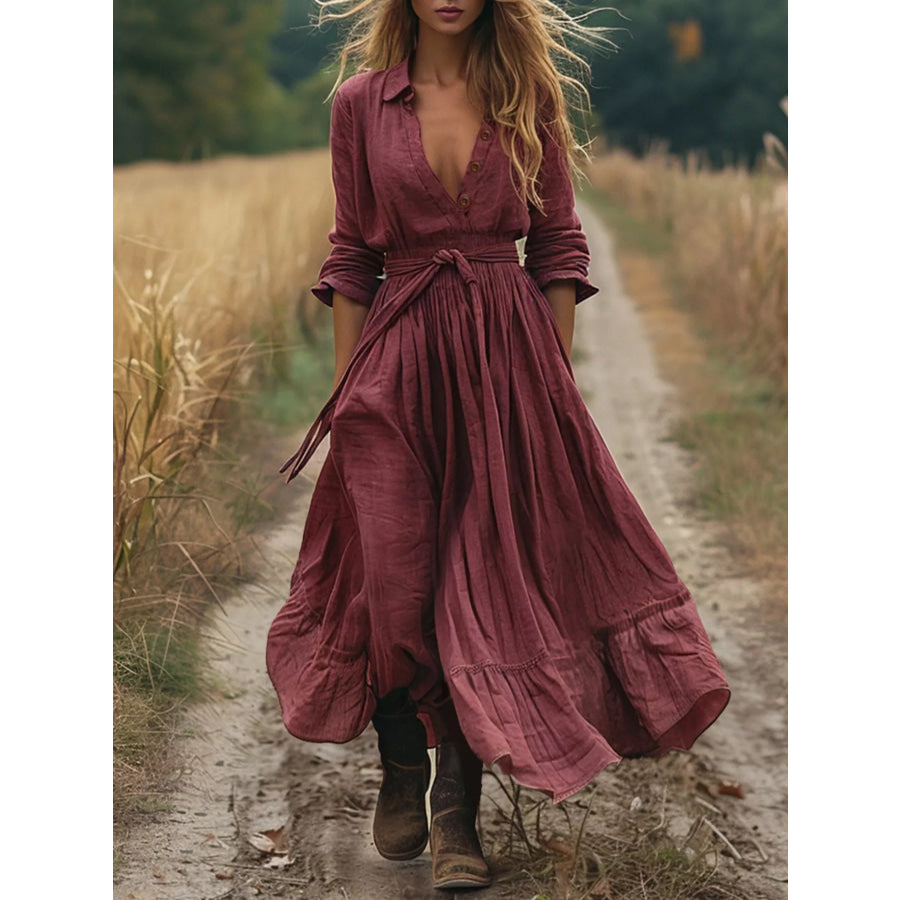 Tie Waist Long Sleeve Ruffled Hem Dress Red / S Apparel and Accessories