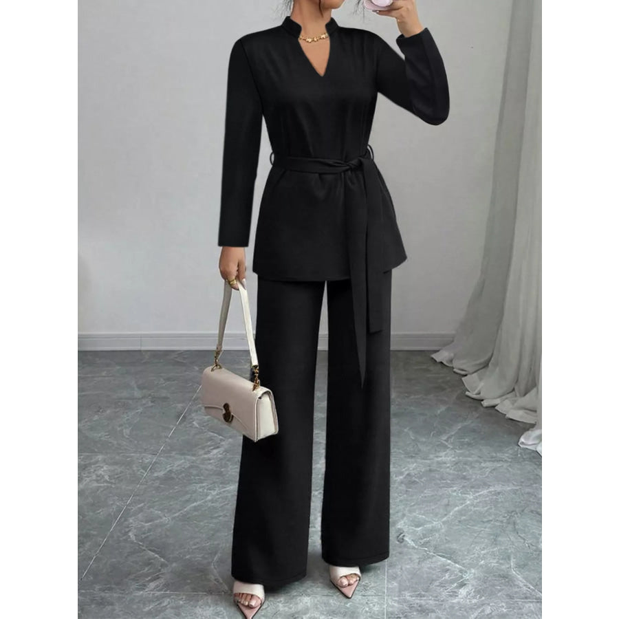 Tie-Waist Long Sleeve Top and Pants Set Apparel and Accessories