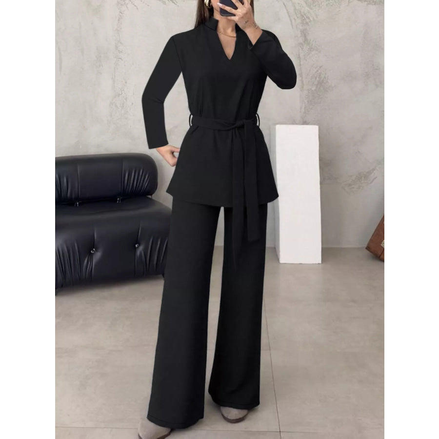 Tie-Waist Long Sleeve Top and Pants Set Apparel and Accessories