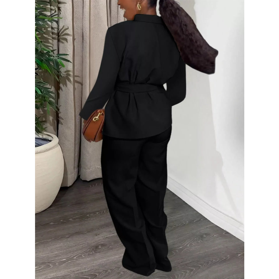 Tie-Waist Long Sleeve Top and Pants Set Apparel and Accessories