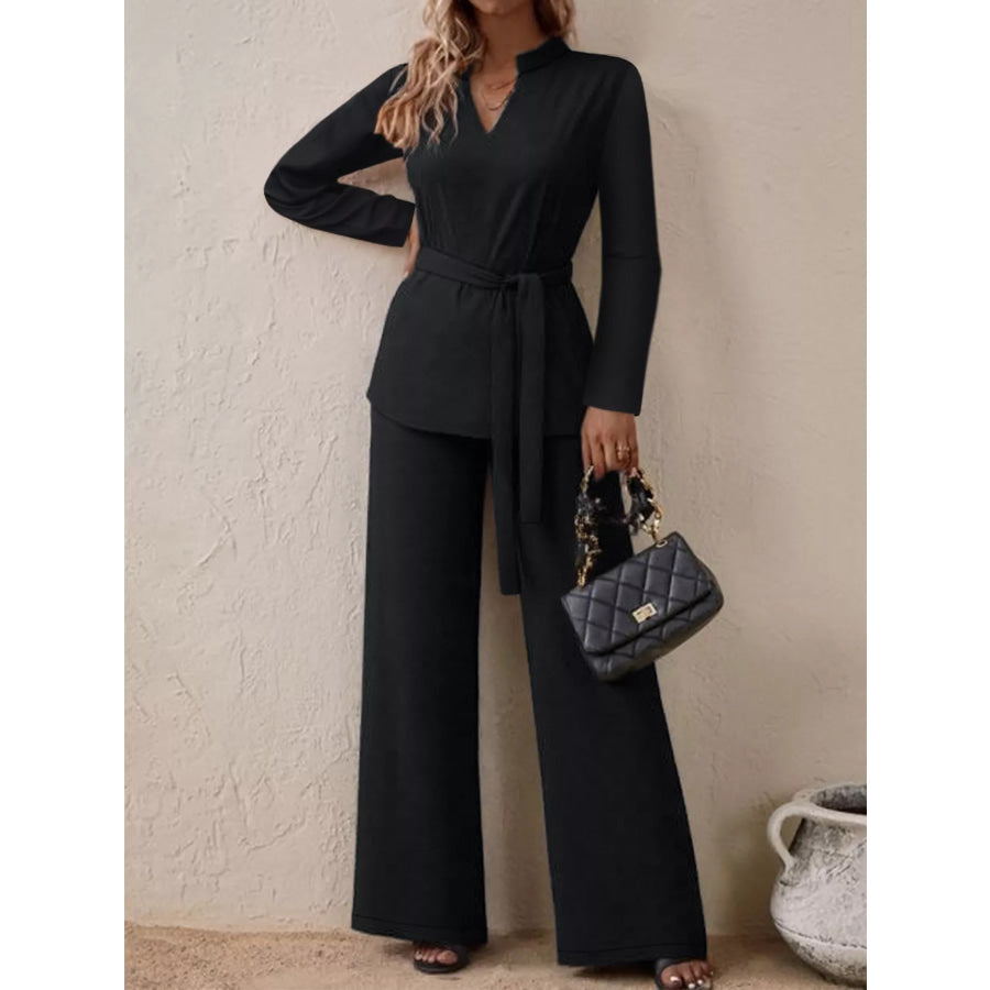 Tie-Waist Long Sleeve Top and Pants Set Black / S Apparel and Accessories