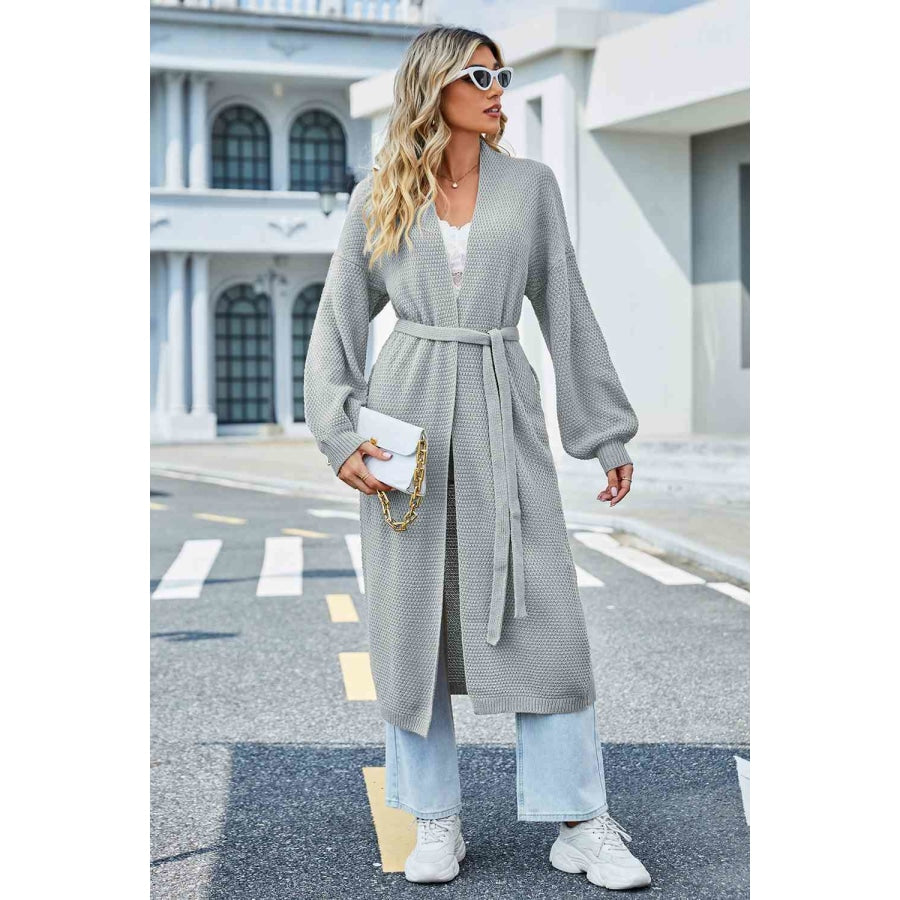 Tie Waist Longline Cardigan Light Gray / S