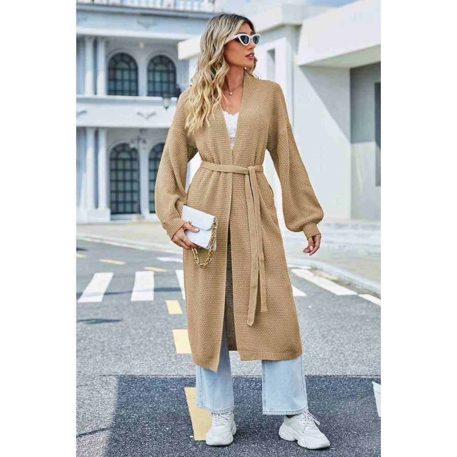 Tie Waist Longline Cardigan Tan / S