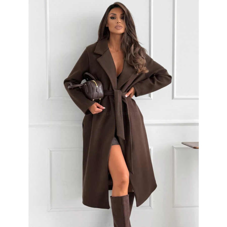 Tie Waist Longline Coat Brown / S Apparel and Accessories