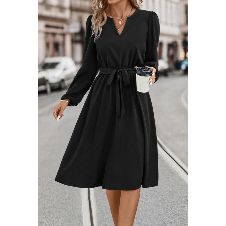 Tie Waist Notched Neck Long Sleeve Dress Black / S