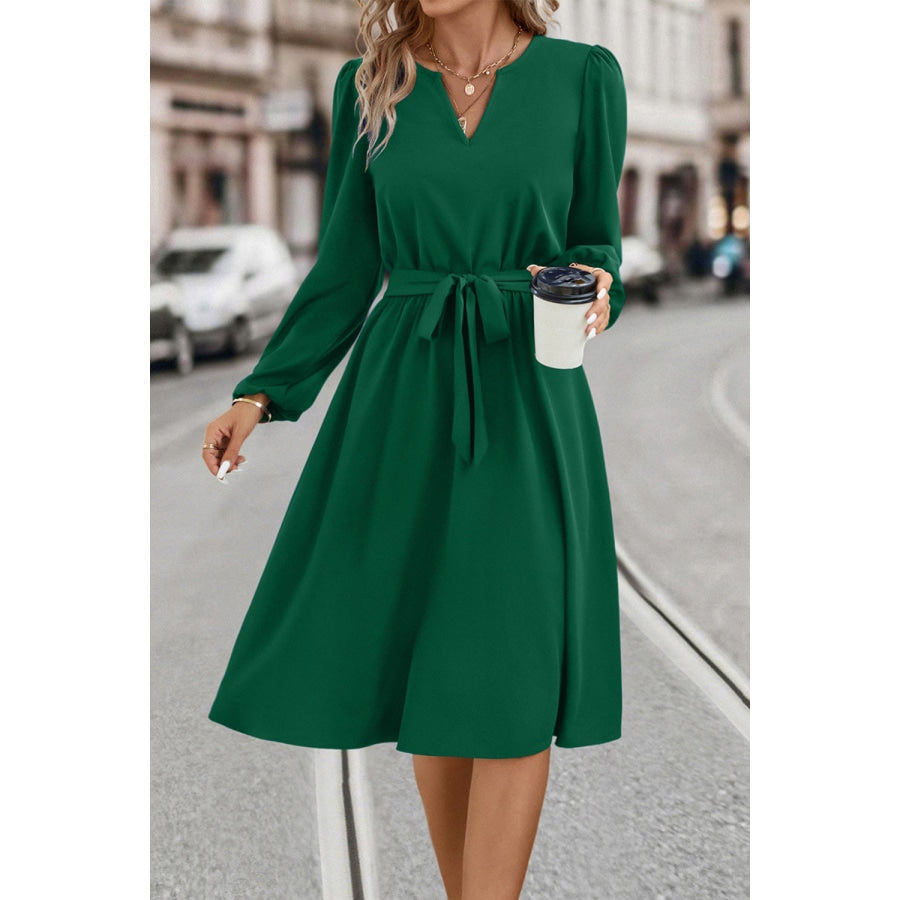 Tie Waist Notched Neck Long Sleeve Dress Green / S