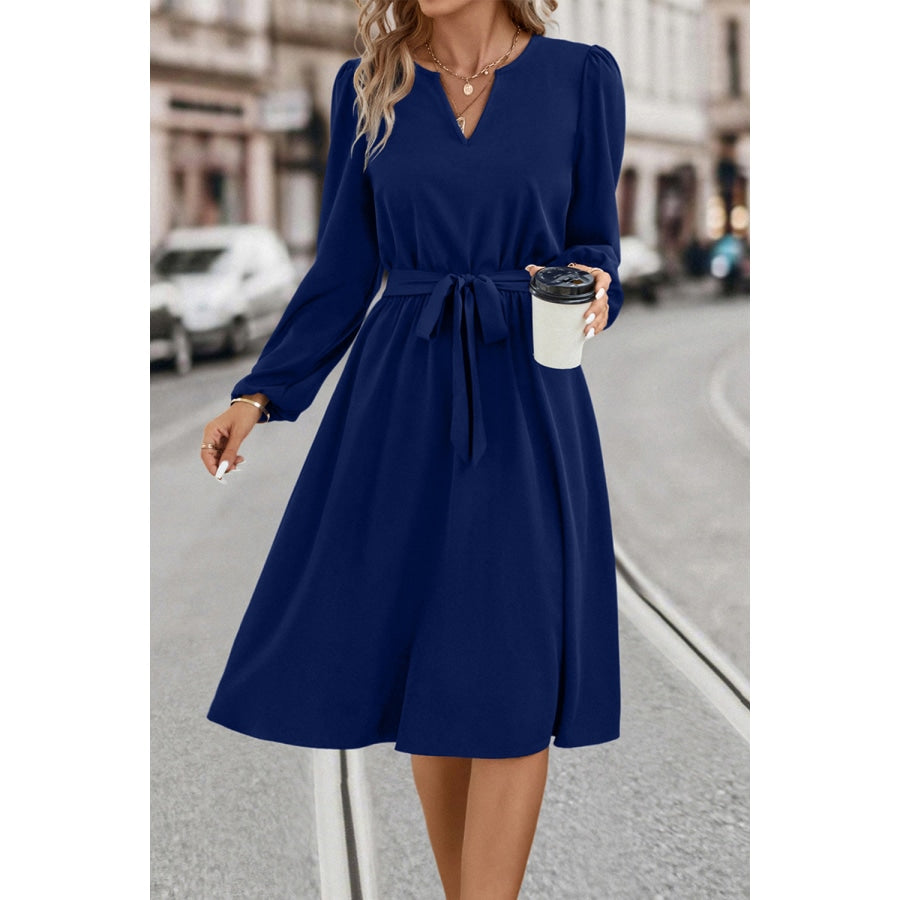 Tie Waist Notched Neck Long Sleeve Dress Navy / S