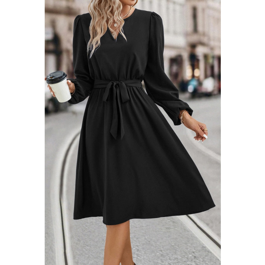 Tie Waist Notched Neck Long Sleeve Dress