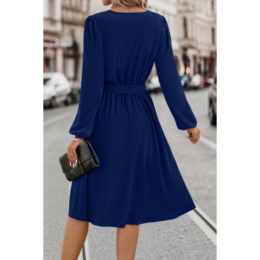 Tie Waist Notched Neck Long Sleeve Dress