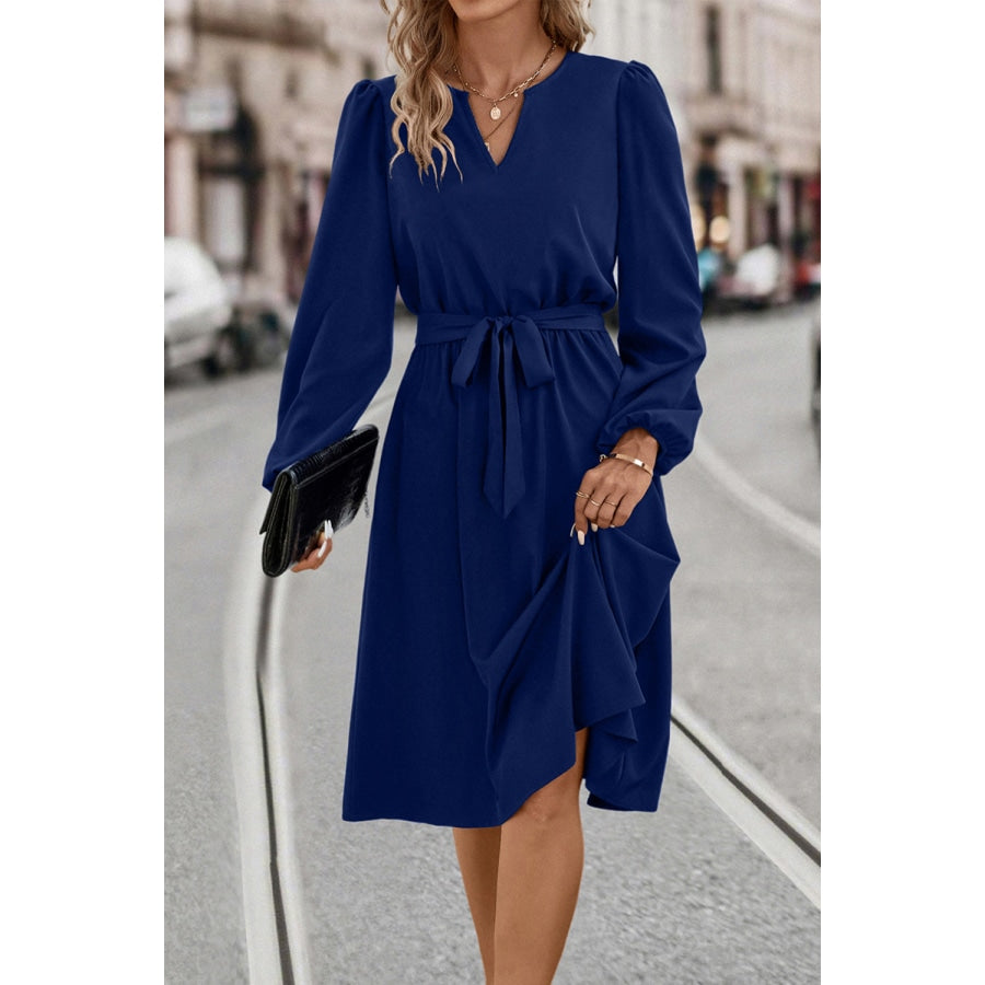 Tie Waist Notched Neck Long Sleeve Dress