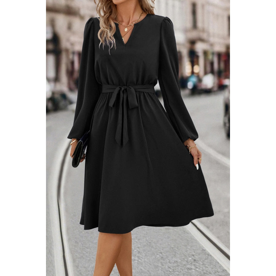 Tie Waist Notched Neck Long Sleeve Dress