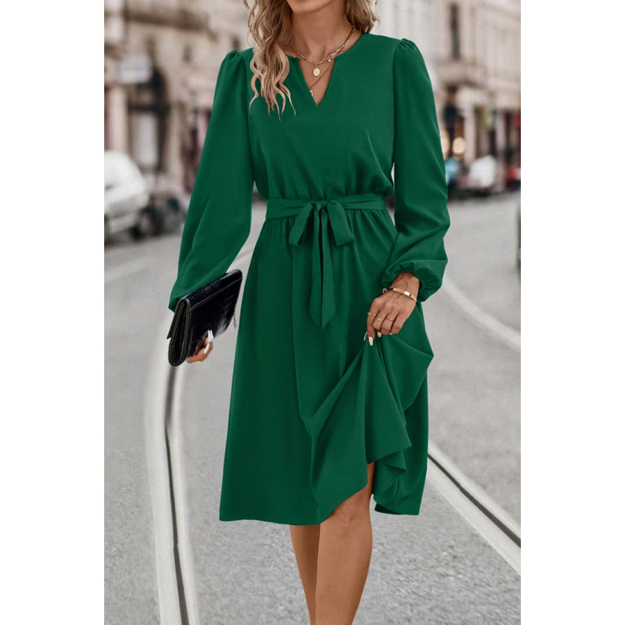 Tie Waist Notched Neck Long Sleeve Dress