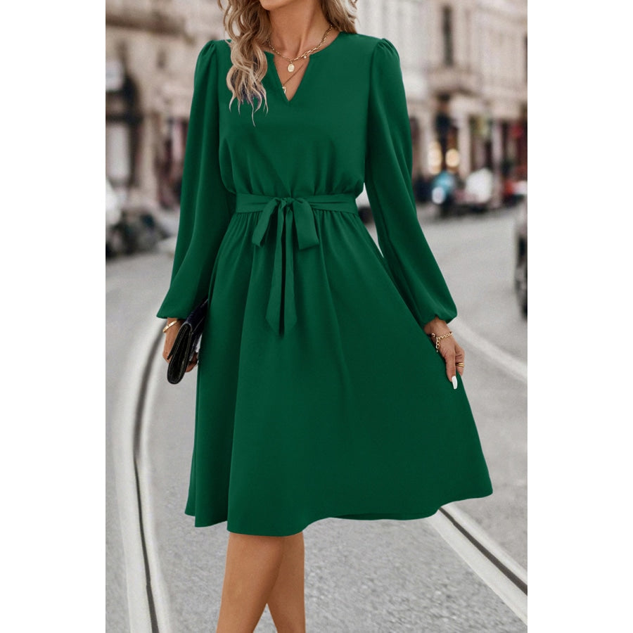 Tie Waist Notched Neck Long Sleeve Dress